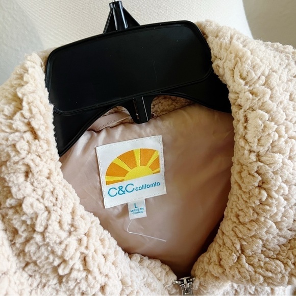 C&C California Tan Sherpa Teddy Coat Dual Pocket Zip Front Long Sleeve Jacket L - Picture 6 of 7
